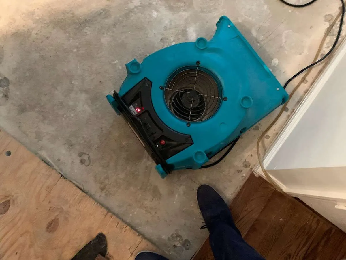 Air mover drying subfloor during Commercial Water Damage Restoration in Charter Oak